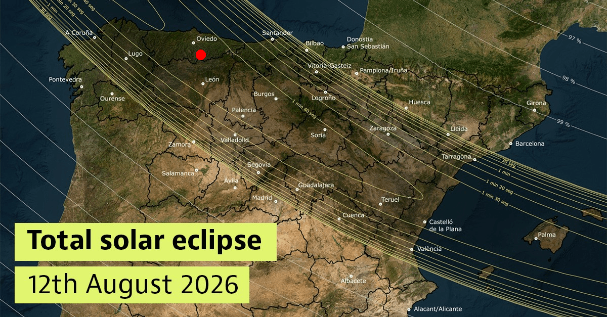 Map showing the 2026 solar eclipse path over Asturias